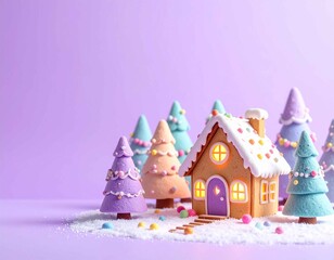 雪景色の中にたたずむお菓子の家とカラフルな木々が可愛いメルヘンファンタジー風景。童話の世界を思わせる甘くやさしい雰囲気。冬、子供向け、物語背景のイラスト素材におすすめ。