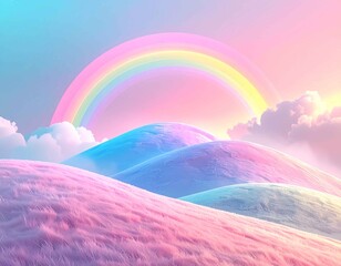 パステルカラーの丘にかかるやさしい虹が幻想的なメルヘンファンタジー風景。希望や未来、ポジティブな感情を表現。癒し系背景や明るいイメージ素材として幅広く活用可能。