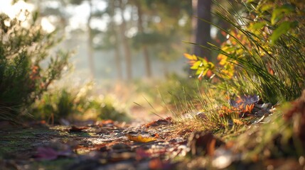 Obraz premium Explore the Beauty of an Autumn Forest Path With Misty Morning Light and Tactile Texture Waiting for Visitors to Enjoy the Seasonal Sights and Sounds
