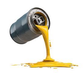Yellow fluid pours from a blue metal can