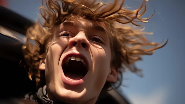 Scared boy screams on exhilarating roller coaster amusement park ride