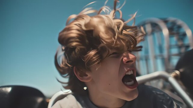 Young man riding a roller coaster scared screaming on amusement park ride