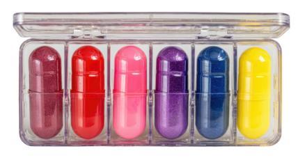 Six colorful capsules arranged in a clear plastic pill organizer container