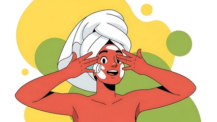 Woman Applying Skincare Mask with Towel on Head.