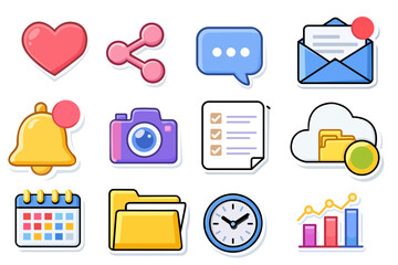 A premium collection of 12 vibrant, modern UI icons featuring social media, productivity, and system symbols like heart, camera, cloud, and analytics. Perfect for web design and mobile apps.
