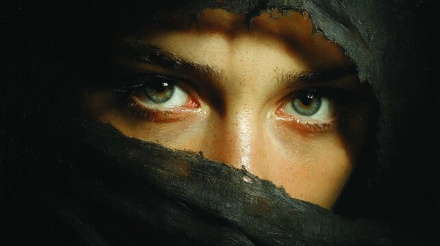 Expressive tronie portrait of half-length face emerging from darkness with deep shadows, cinematic lighting, emotional gaze, classical oil painting style