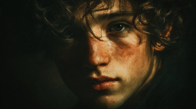 Expressive tronie portrait of half-length face emerging from darkness with deep shadows, cinematic lighting, emotional gaze, classical oil painting style