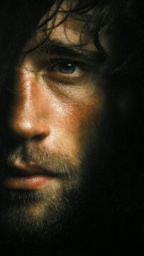 Expressive tronie portrait of half-length face emerging from darkness with deep shadows, cinematic lighting, emotional gaze, classical oil painting style