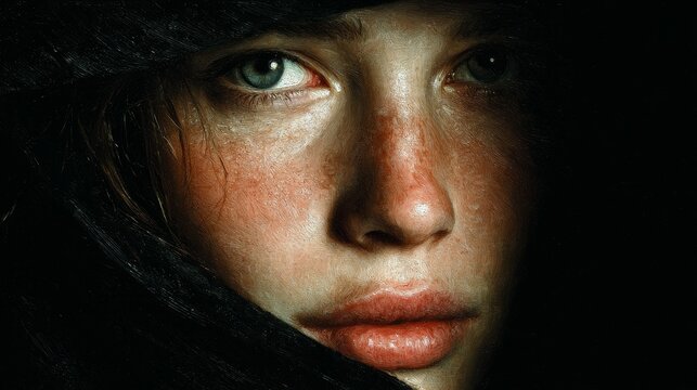 Expressive tronie portrait of half-length face emerging from darkness with deep shadows, cinematic lighting, emotional gaze, classical oil painting style