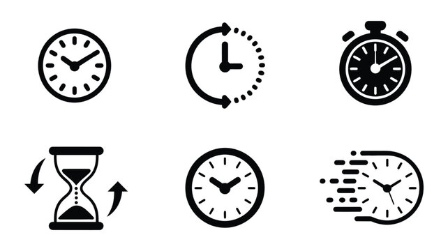 Time Management Icon Set Featuring Clock, Stopwatch, Hourglass, Time Loop, and Fast Speed Symbols, Vector Illustration