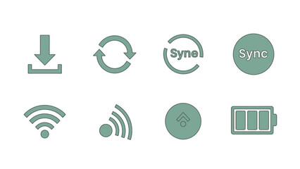 Digital technology icons set: download, refresh, synchronization, Wi-Fi, data signal, and battery status for web and mobile UI design
