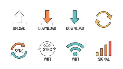 Outline vector icons set for data transfer, network connection, sync, upload, download, Wi-Fi and signal strength. Modern technology communication symbols for web and mobile UI.