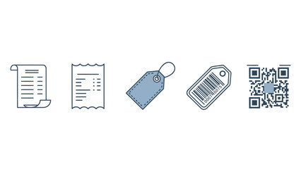 E-commerce, retail, and payment icon set featuring receipts, price tags, barcode, and QR code for business concepts.