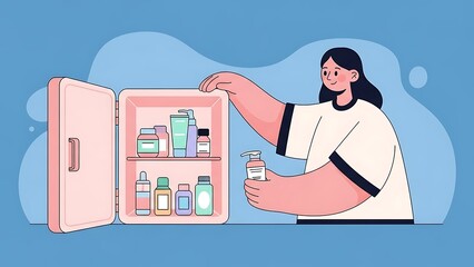Woman Organizing Skincare Products in a Medicine Cabinet.