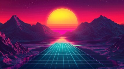 Retro sunset highway, mountains, synthwave, digital art,  80s background