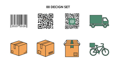 E-commerce Logistics Icon Set with Barcode, QR Codes, Cardboard Boxes, Delivery Truck, and Bicycle