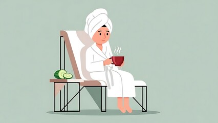 Woman Relaxing in Spa Robe with Towel and Hot Drink.