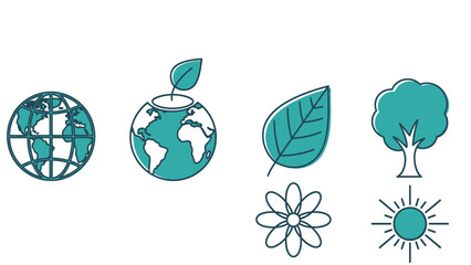 Environmental conservation and nature line icons set. Eco-friendly symbols including earth globe, plant, leaf, tree, flower, and sun.
