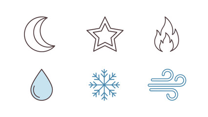 Outline vector icons set of nature and weather elements: moon, star, fire, water droplet, snowflake, and wind symbol.