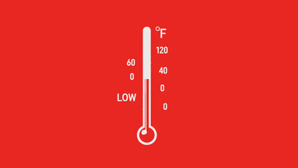 Minimalist white thermometer indicating low temperature on a vibrant red background, symbolizing cold, winter, or illness concept.