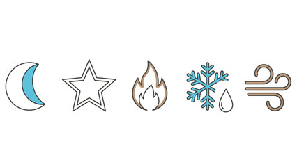 Weather and Nature Elemental Icons Set: Moon, Star, Fire, Ice, and Wind Line Art Symbols on White Background.