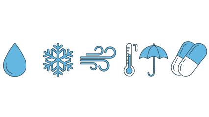 Climate and Weather Conditions Vector Icon Collection: Water, Snow, Wind, Thermometer, Umbrella, Medical Capsules