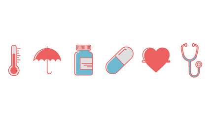 Health and Medical Insurance Icons Set. Healthcare Protection, Sickness, Medicine, and Wellness Symbols on White Background.