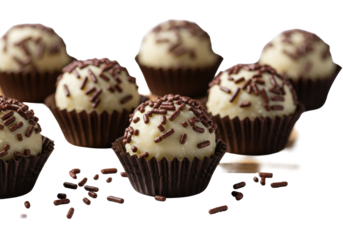Photorealistic Brazilian white chocolate Brigadeiro truffles with dark sprinkles in black cups, on a brown surface, white background, copy space. Decadent gourmet dessert concept