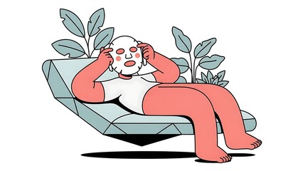 Woman Relaxing with Sheet Mask on Modern Lounge Chair Surrounded by Plants.