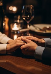 Man and woman holding hands across a wooden table with candlelight and wine glass in a romantic restaurant setting, showing love and connection for anniversary or date.