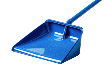 Shiny, blue dustpan with long handle