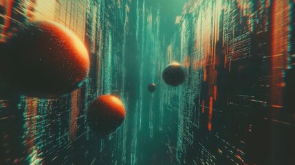 Spheres traversing digital corridor; data stream background; futuristic tech