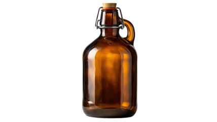 Amber glass growler bottle with a swing top lid and loop handle on black