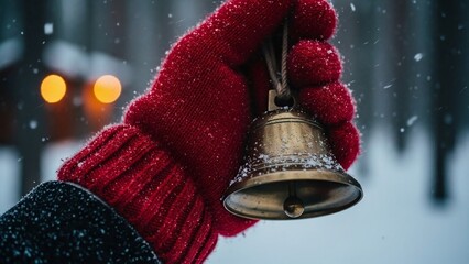 Close up of hand in red wool mitten holding antique brass Christmas bell in snowy winter forest