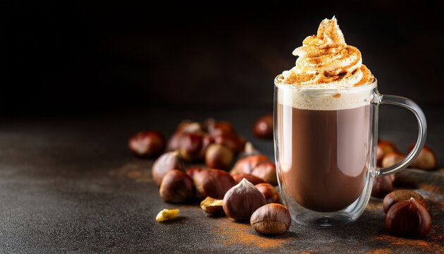 Dark Chestnut Hot Chocolate Or Choco Latte Served In A Glass Cup With Whipped Cream Caramel Sauce And Roasted Chestnuts On A Dark Table With Copy Space