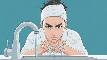 Young Man Washing Face with Water from Faucet.