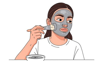 Young Woman Applying a Clay Face Mask with a Brush for Skincare.