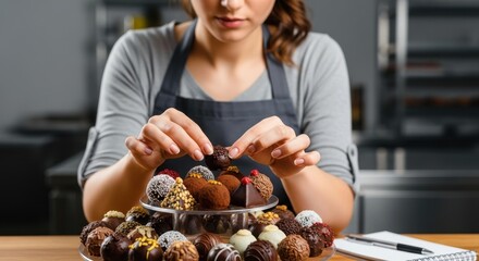 Woman expertly arranging gourmet chocolate truffles for an exquisite dessert display, showcasing artisanal confectionery craftsmanship.