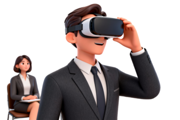 Businessman Using VR Headset in Professional Setting