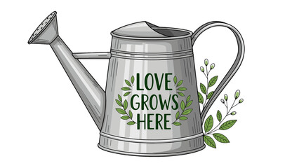 A beautiful watering can with the message Love grows here. It has some green leaves