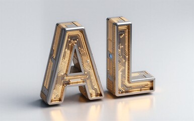 Golden circuit board letters "A" and "L", futuristic tech design, sleek metallic finish.