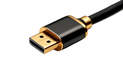 Close-up of a black HDMI cable connector with gold accents on a dark background