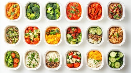 Healthy meal prep containers, studio shot, diverse food, white background, diet plan
