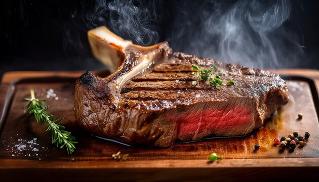 Close Up T Bone Steak Sizzles With Grilled Marks Smoke Rising Served On Wooden Board Sprinkled With Salt And Pepper Capturing The Essence Of Premium Culinary Delight