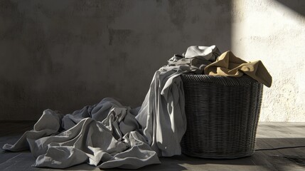 Grey fabrics overflowing wicker basket, sunlit grunge wall