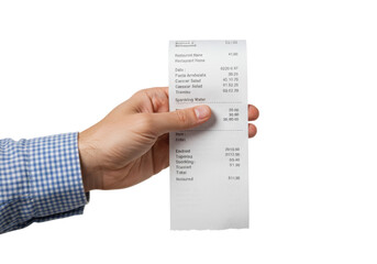 Adult hand in a light blue checkered business shirt, firmly holding a detailed restaurant receipt with 'Total: 51.30' on a transparent background, concept of dining expenses and budgeting