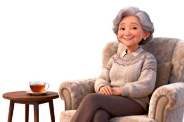 Elderly Woman Relaxing in Cozy Armchair with Tea
