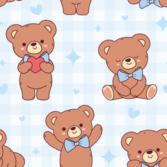 Cute teddy bears seamless pattern on blue plaid seamless pattern 