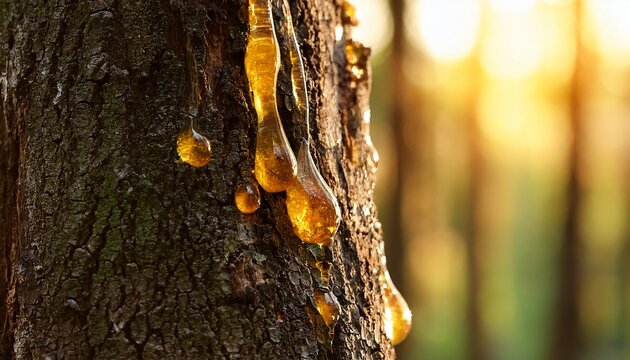 Golden Resin Drops On Tree Bark In Sunlit Forest