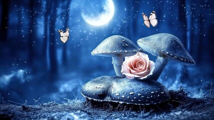 Moonlit Forest Rose & Mushrooms, Fantasy Background, Fairytale